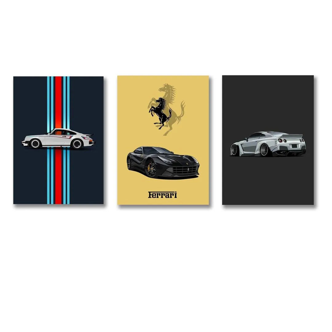 3-Piece Car Art Wall Set with Porsche Ferrari & Silver Car